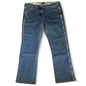Burberry Blue Boot Cut Jeans with Plaid Trim